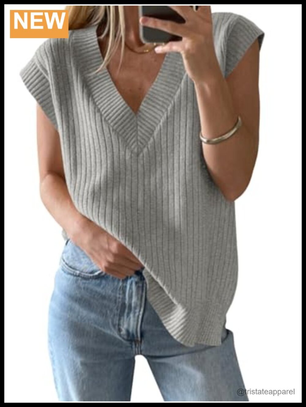 Womens Sleeveless Ribbed Knit V Neck Sweater Vest Oversized Loose Side Split
